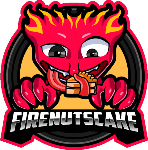 FireNutsCake badge: a red, flame-haired imp licking a slice of cake